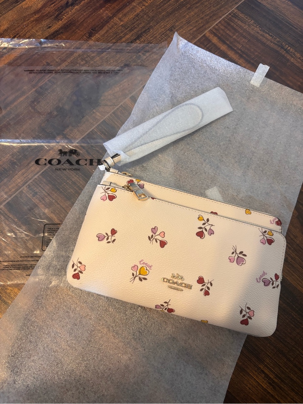 Coach Pink Floral Double Zip Wristlet with Gold Logo